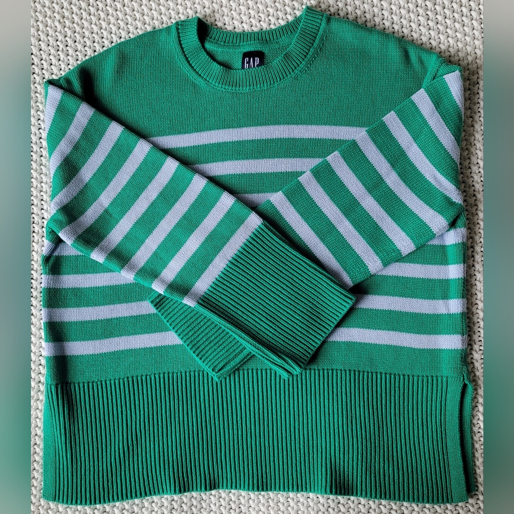 Gap 100% Cotton 24/7 Split-Hem Oversized Crewneck Sweater, Green w/ Blue Stripes